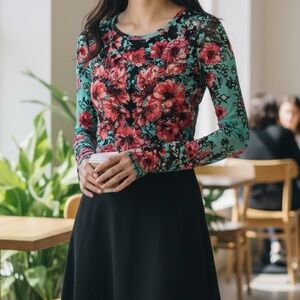 Fuzzi Floral Long Sleeve Top in Teal and Red